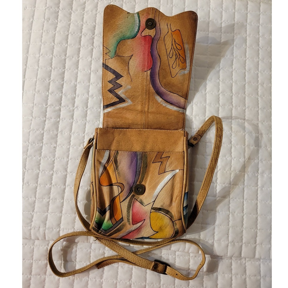 VTG Unique Hand Painted Abstract Art Leather Crossbody Purse Tan Strap 70s 80s - Picture 3 of 10